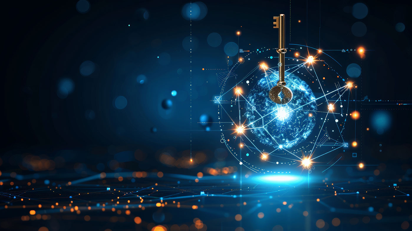 ​Public Domain Day. A golden key unlocking a digital world filled with glowing networks, symbolizing security and technology.