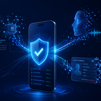 AI fraud threats including deepfakes, synthetic identities, and autonomous agents converging on a smartphone protected by mobile identity verification signals.
